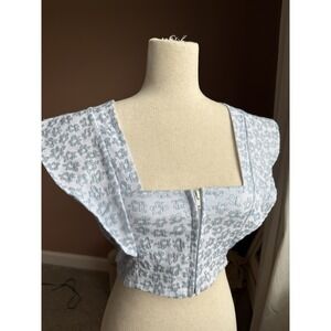 Koch Light Blue Floral Cropped Square Neck Flutter Sleeve Blouse S